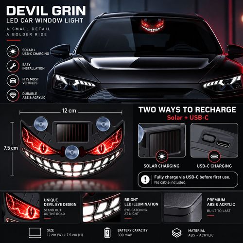 Devil Grin LED Car Window Light - Solar & USB-C Rechargeable