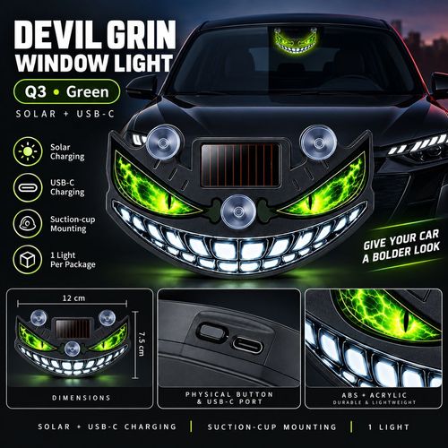 Devil Grin LED Car Window Light - Solar & USB-C Rechargeable