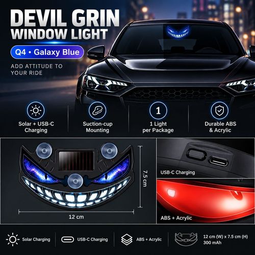 Devil Grin LED Car Window Light - Solar & USB-C Rechargeable