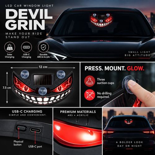 Devil Grin LED Car Window Light - Solar & USB-C Rechargeable