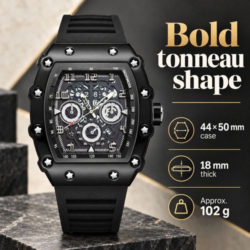 Tonneau Quartz Watch with Luminous Hands & Silicone Strap