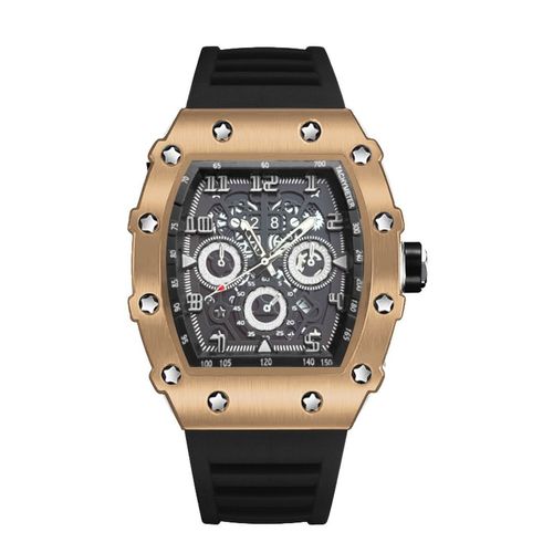 Tonneau Quartz Watch with Luminous Hands & Silicone Strap