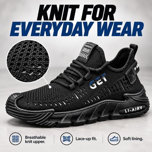 Black Breathable Knit Lace-Up Sneakers