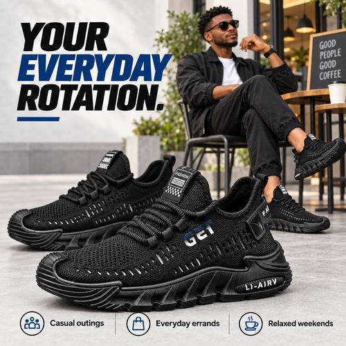 Black Breathable Knit Lace-Up Sneakers