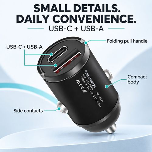 Mini USB-C & USB-A Car Charger with Pull Handle
