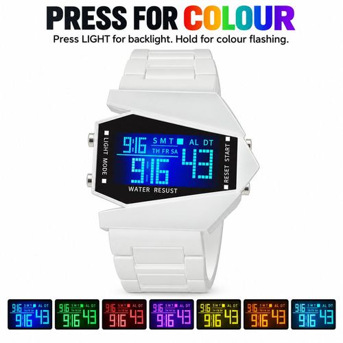 Aircraft-Style Digital Watch with Seven-Colour Flashing Light