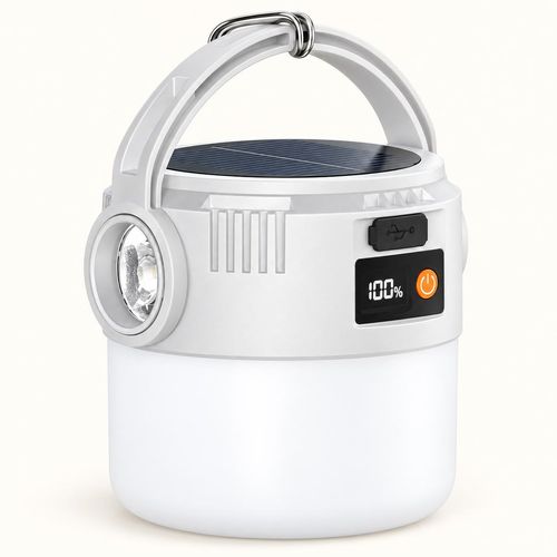 Solar Rechargeable Camping Lantern with Digital Battery Display & Side Torch
