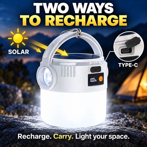 Solar Rechargeable Camping Lantern with Digital Battery Display & Side Torch