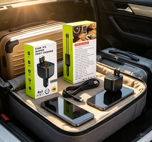 Y3 4-in-1 Retractable Car Charger 120W Fast Charging Bluetooth FM Transmitter LED Display USB Type-C Lightning Car Adapter for iPhone Android