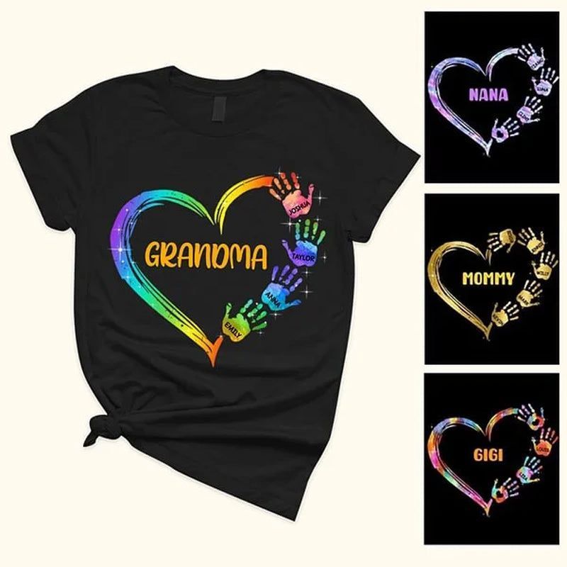Personalized Colorful Heart Hand Print 100% Cotton T-Shirt Hoodie with Title and Kid Names