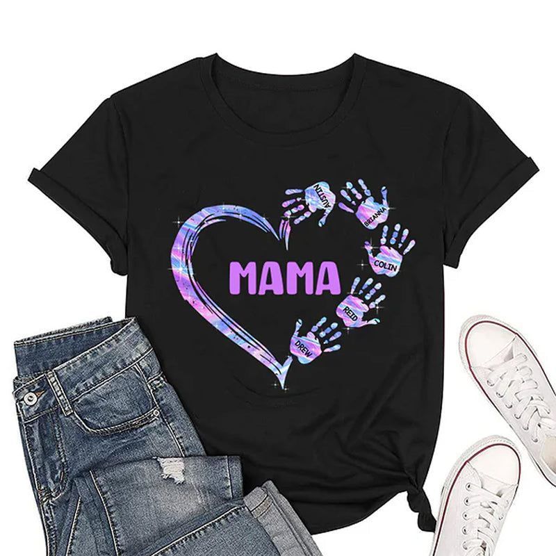 Personalized Colorful Heart Hand Print 100% Cotton T-Shirt Hoodie with Title and Kid Names