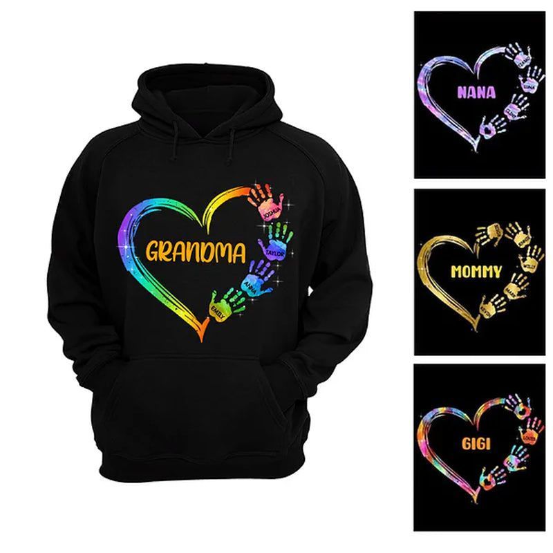 Personalized Colorful Heart Hand Print 100% Cotton T-Shirt Hoodie with Title and Kid Names