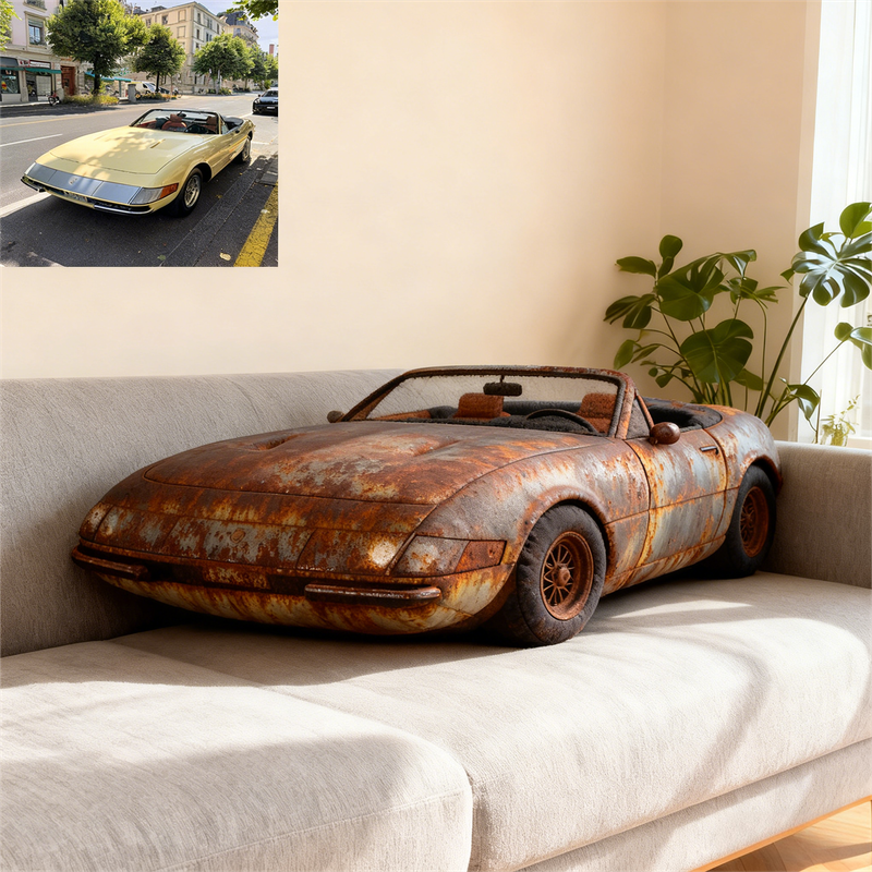 Custom Rusty Car Photo Cushion – Personalized Vintage Auto Pillow for Classic Car Fans