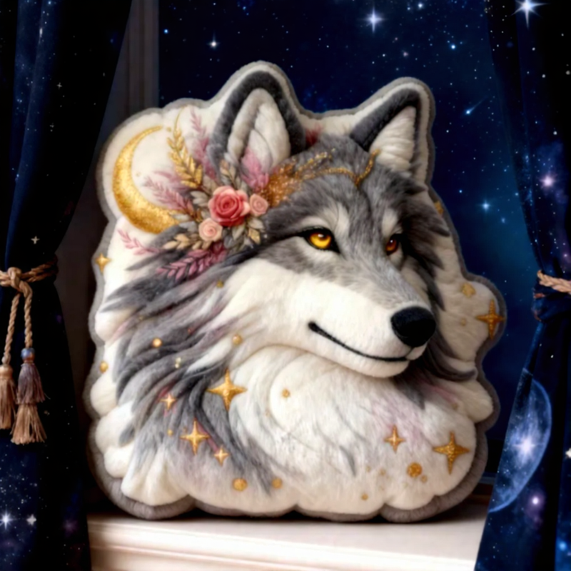 Personalized Elegant Celestial Wolf Cushion Pillow Sparkling Wolf Pillow Gift for Kid Outdoor Nature Lover