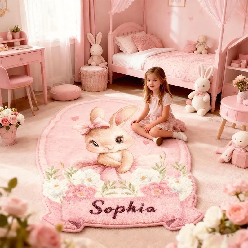 Personalized Bunny Name Custom Soft Decorative Gift Pink Floral Style Cute Animal Lovely Princess Room Cozy Sweet Garden Dream Floor Mat Carpet Rug for Kids