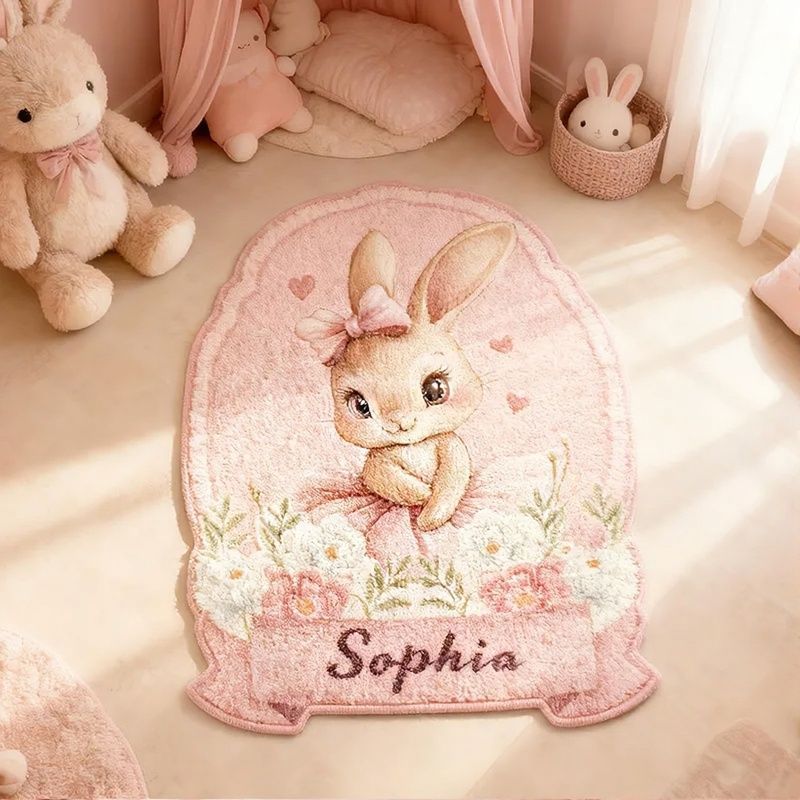 Personalized Bunny Name Custom Soft Decorative Gift Pink Floral Style Cute Animal Lovely Princess Room Cozy Sweet Garden Dream Floor Mat Carpet Rug for Kids