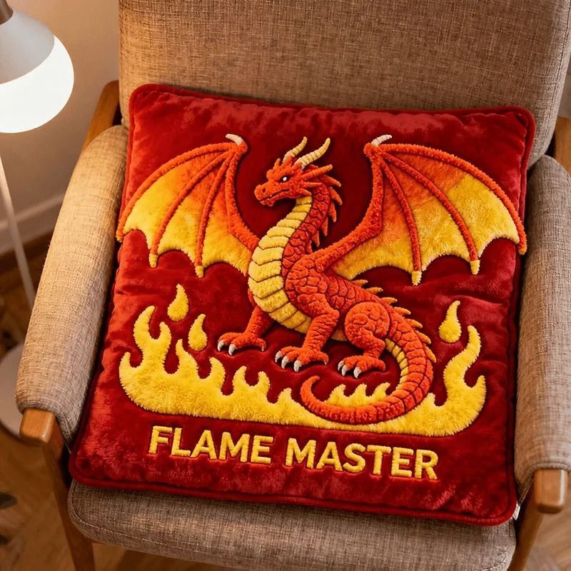 Personalized Flame Master 3D Dragon Plush Cushion – Soft Red & Gold Embroidered Decorative Pillow