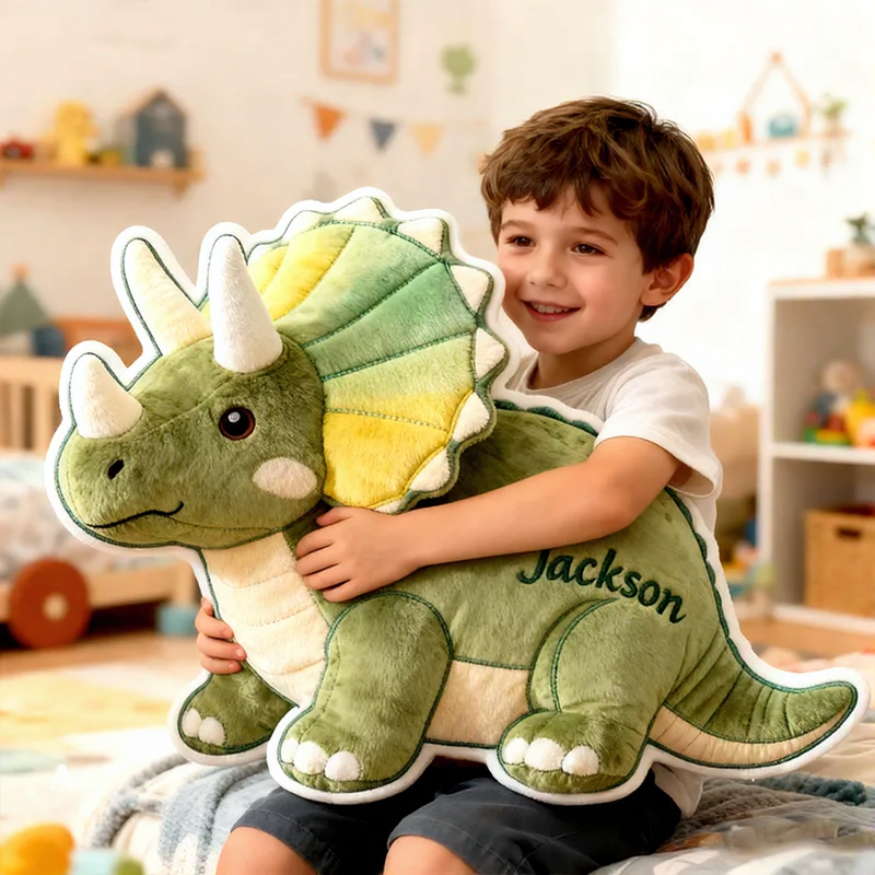 Personalized Triceratops Dinosaur Custom Name Soft Decorative Gift Adventure Style Cozy Kids Room Green Cute Prehistoric Fun Playful Graphic 3D Print Pillow