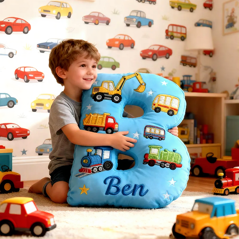 Personalized Letter Truck Custom Name Soft Decorative Gift Fun Construction Style Cozy Bedroom Colorful Car Bus Crane Vehicle Cute Boy Room Playtime Graphic 3D Print Pillow