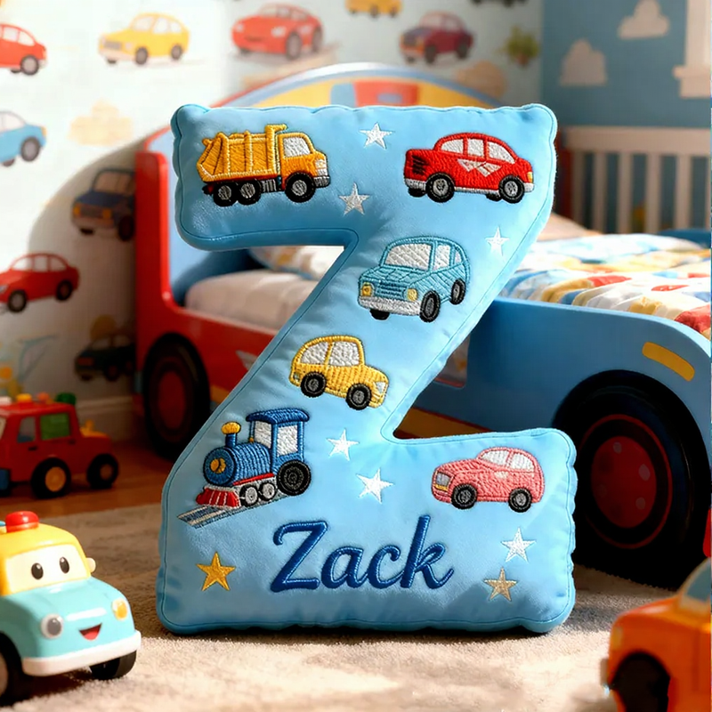 Personalized Letter Truck Custom Name Soft Decorative Gift Fun Construction Style Cozy Bedroom Colorful Car Bus Crane Vehicle Cute Boy Room Playtime Graphic 3D Print Pillow