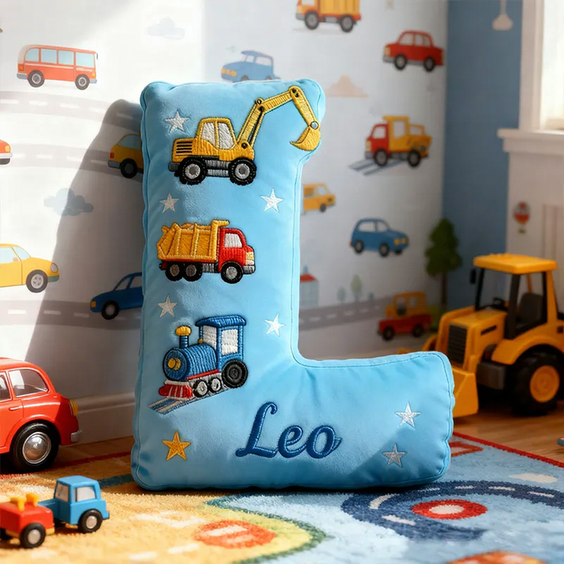 Personalized Letter Truck Custom Name Soft Decorative Gift Fun Construction Style Cozy Bedroom Colorful Car Bus Crane Vehicle Cute Boy Room Playtime Graphic 3D Print Pillow