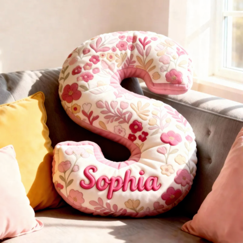 Personalized Pink Flower Letter Pillow Graphic 3D Print Pillow Custom Name Pillow for Kids Gardening Lovers Gift