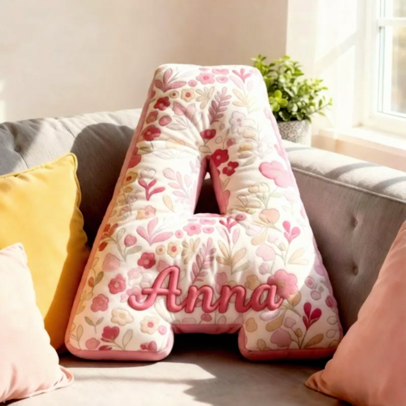 Personalized Pink Flower Letter Pillow Graphic 3D Print Pillow Custom Name Pillow for Kids Gardening Lovers Gift