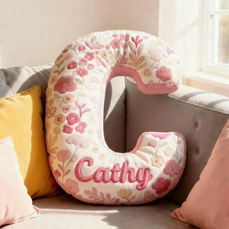Personalized Pink Flower Letter Pillow Graphic 3D Print Pillow Custom Name Pillow for Kids Gardening Lovers Gift