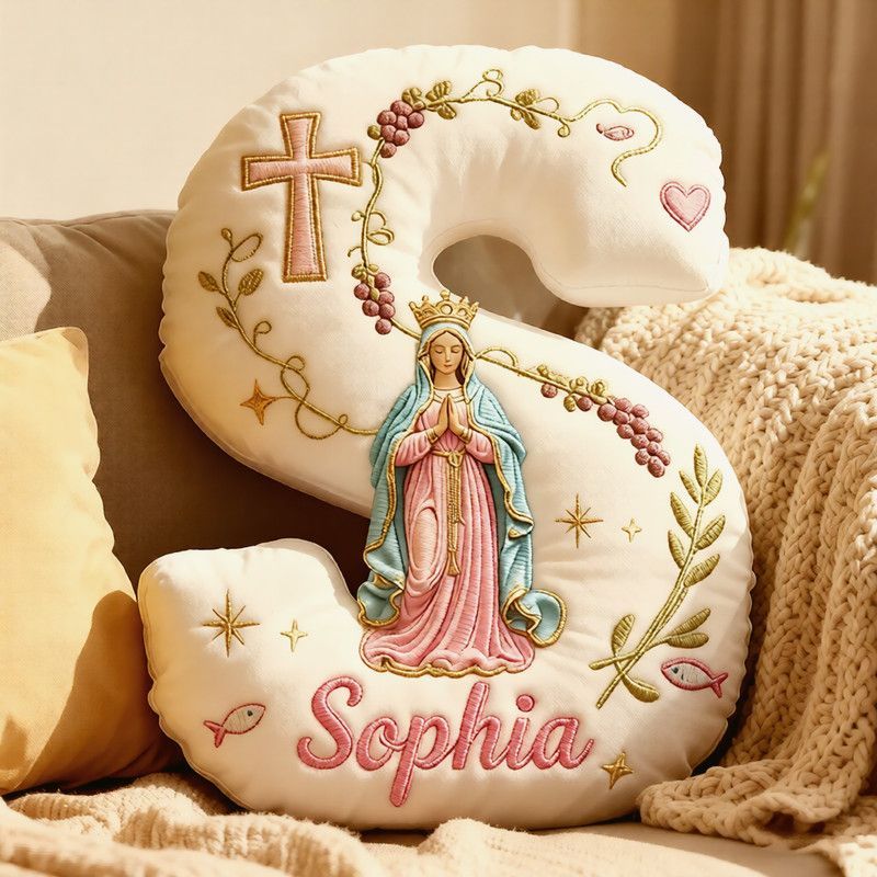 Personalized Cross Virgin Mary Letter Pillow with Custom Name Home Decor Graphic 3D Print Pillow Religious Faith Gift Catholic Gift