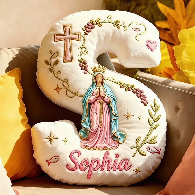 Personalized Cross Virgin Mary Letter Pillow with Custom Name Home Decor Graphic 3D Print Pillow Religious Faith Gift Catholic Gift