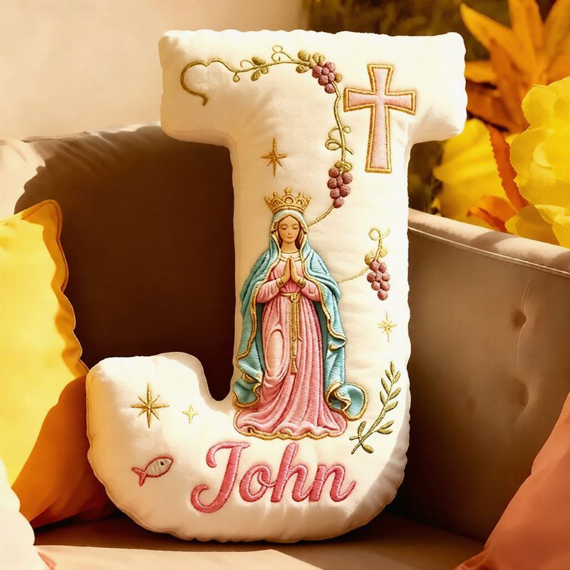 Personalized Cross Virgin Mary Letter Pillow with Custom Name Home Decor Graphic 3D Print Pillow Religious Faith Gift Catholic Gift
