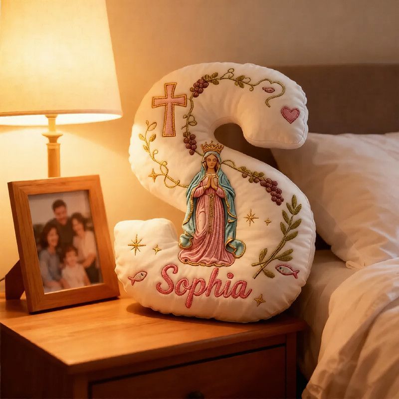 Personalized Cross Virgin Mary Letter Pillow with Custom Name Home Decor Graphic 3D Print Pillow Religious Faith Gift Catholic Gift