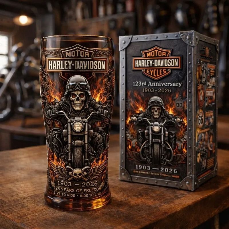 Harley 1903-2026 123. Jahrestag 3D-Relief Pint Glas