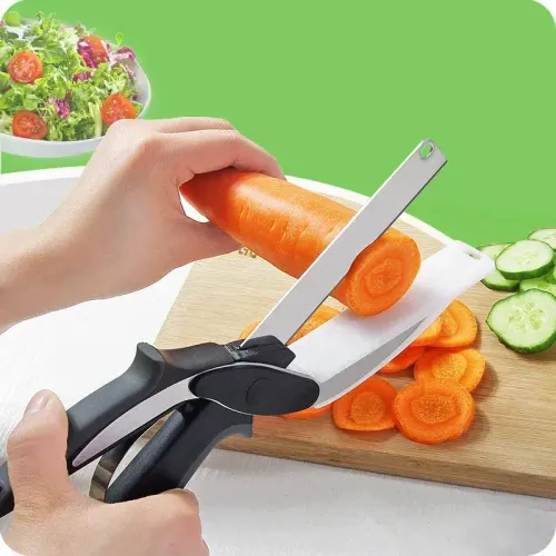 2 in 1 Stainless Steel Kitchen Scissors with Plastic Handle Multifunctional Cutting Board Chopper for Fruit & Vegetables