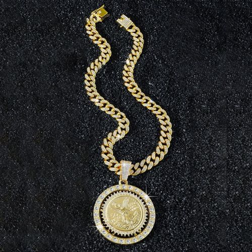 Gold Plated Cuban Link Chain Necklace Diamond Inlaid Angel Pendant Full Rhinestone Hip Hop Style Rotatable Pendant Necklace