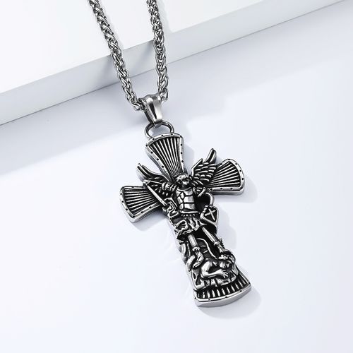 Vintage Distressed Archangel St. Michael Titanium Steel Cross Necklace, Archangel Michael Protective Pendant