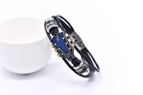 Vintage Guitar Leather Braided Bracelet, Zinc Alloy Music Note Snap Button Bracelet with Stainless Steel Buckle