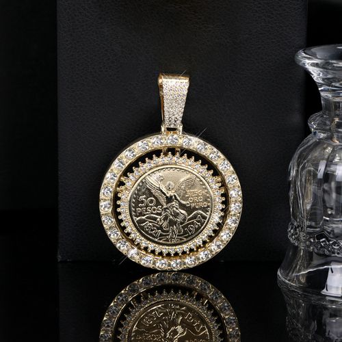 Gold Plated Cuban Link Chain Necklace Diamond Inlaid Angel Pendant Full Rhinestone Hip Hop Style Rotatable Pendant Necklace