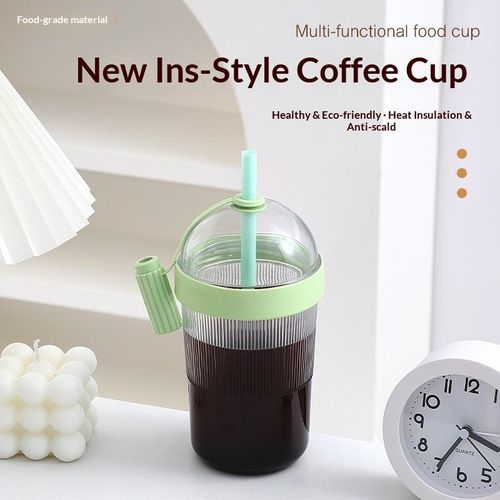 Food-grade thickened coffee cup, large capacity vertical stripe water cup with straw and lid, drop-resistant