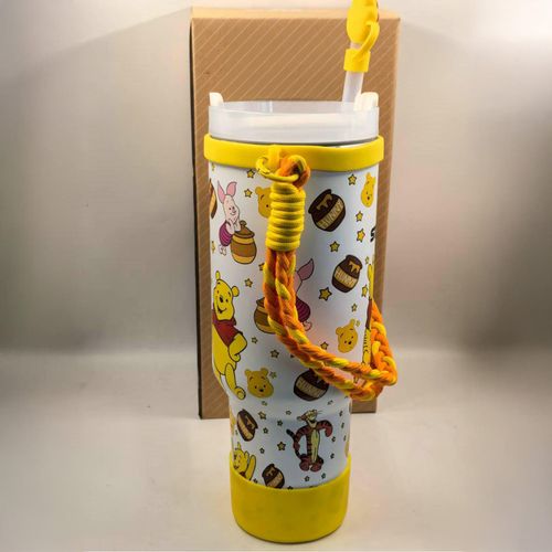 40oz Stainless Steel Tumbler Cup Mugs Yellow Cute Bear Bottle Handle Strap