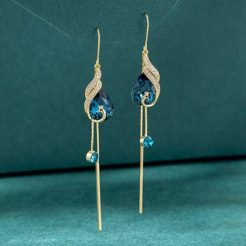 Hypoallergenic faceted blue glass crystal long dangle earrings, retro peacock long tassel earrings