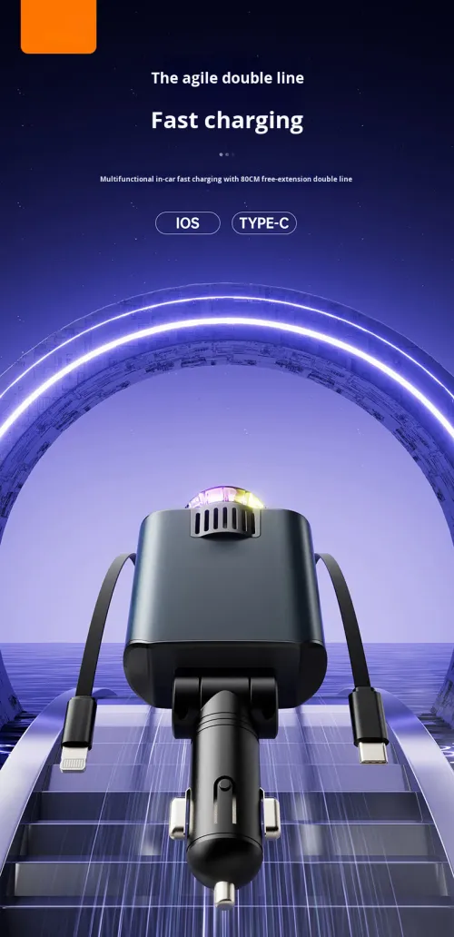 120W Super Fast Charging Car Charger with Retractable Cable, Starry Light & Aroma Diffuser, Compatible with Laptops, Tablets and Mobile Phones