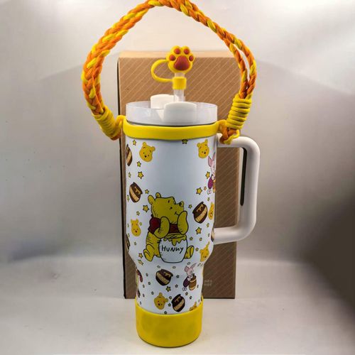 40oz Stainless Steel Tumbler Cup Mugs Yellow Cute Bear Bottle Handle Strap