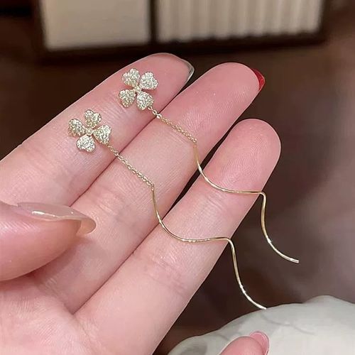 Four‑Leaf Clover Floral Tassel Threader Earrings, Unique Curved Design, High‑End Elegant Ear Jewelry