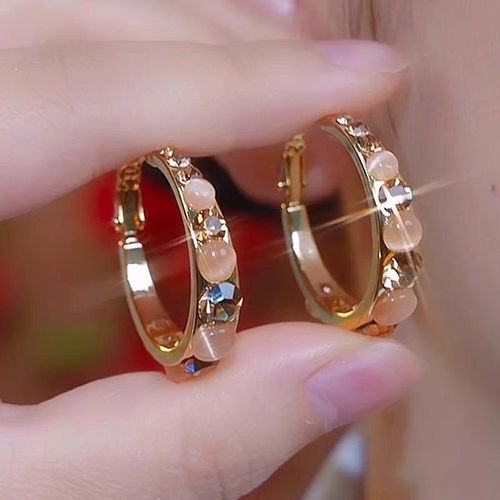 Coffee Color Cat's Eye Hoop Earrings, Fashion Sparkling Buckle Earrings, Geometric Zircon Earrings