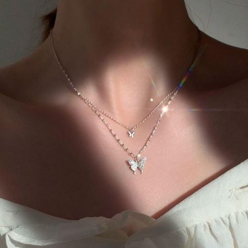 Double Layer Butterfly Necklace with Sparkling Diamonds, 2026 Spring & Summer New Arrival, Versatile Minimalist Clavicle Chain