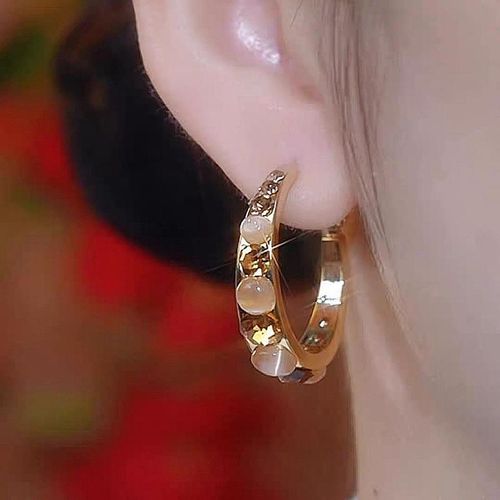 Coffee Color Cat's Eye Hoop Earrings, Fashion Sparkling Buckle Earrings, Geometric Zircon Earrings