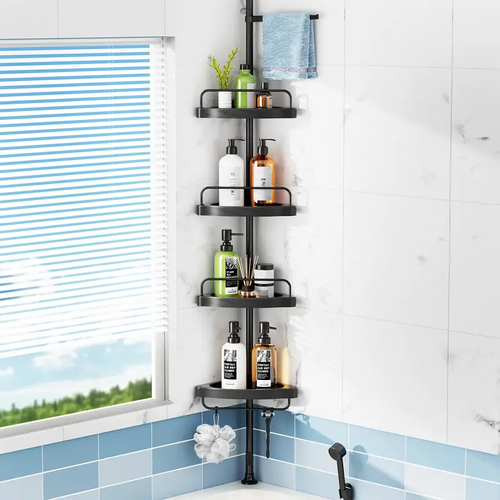 1pc HAMITOR Adjustable 4-Tier Corner Shower Caddy, Tension Mount Stainless Steel Pole, Anti-Slip Silicone Pads, Quick Install No-Drill Bathroom Storage Rack, Black
