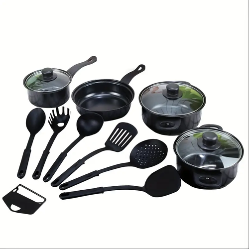 13pcs cast iron cookware set, non-stick POTS and pans with glass LIDS, lightweight and portable, including frying pan, milk pan and nylon cutlery, perfect for camping, picnicking, traveling - black