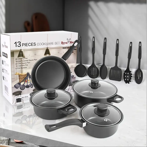 13pcs cast iron cookware set, non-stick POTS and pans with glass LIDS, lightweight and portable, including frying pan, milk pan and nylon cutlery, perfect for camping, picnicking, traveling - black